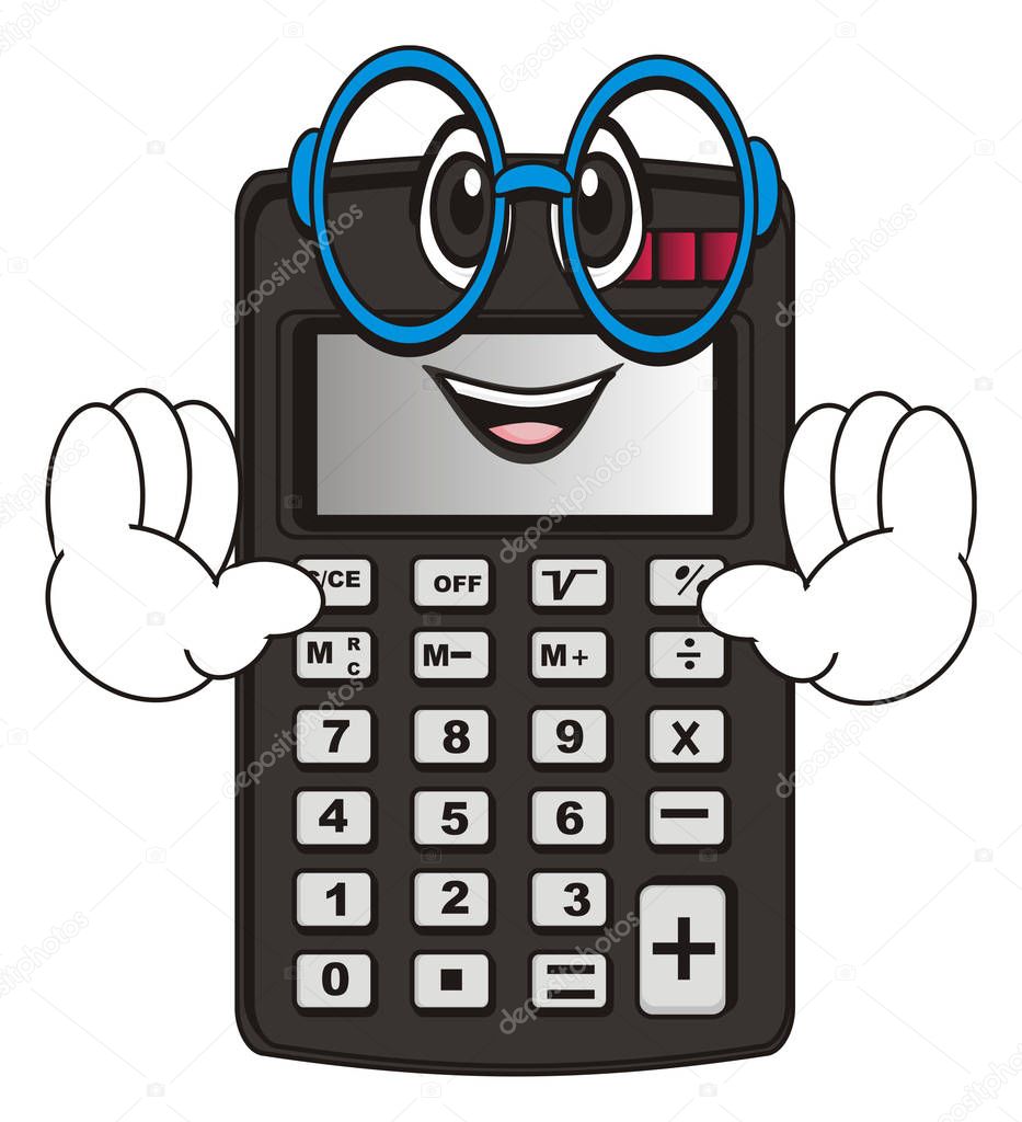 smiling calculator with hands in glasses