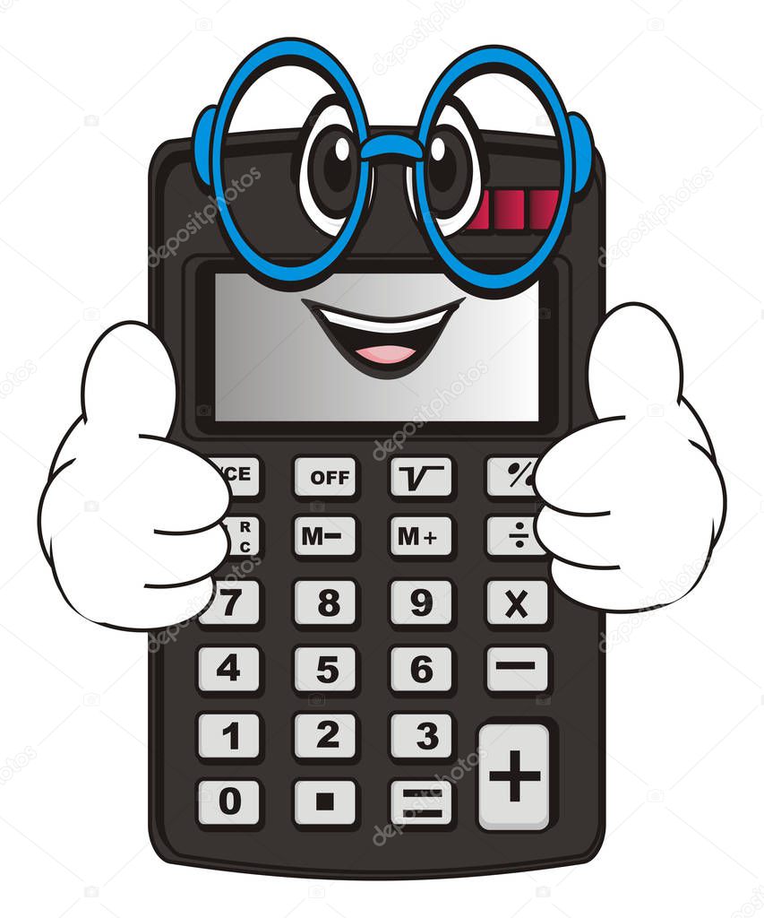 happy calculator in glasses show gesture