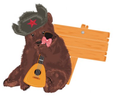 Balalayka ve ahşap afiş ile Rus ayısına