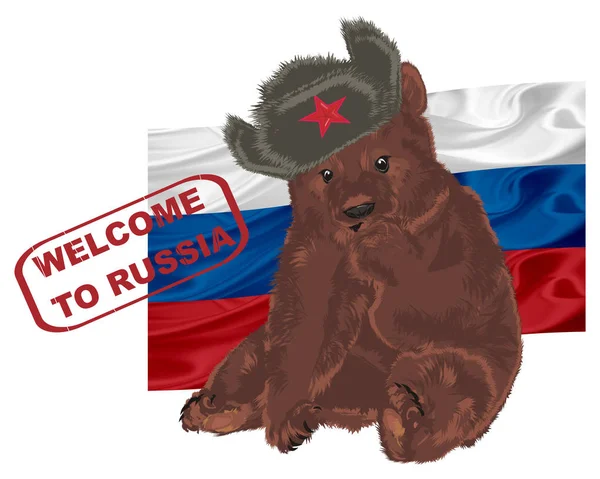 带有国旗和红色印章的俄罗斯熊 — 图库照片