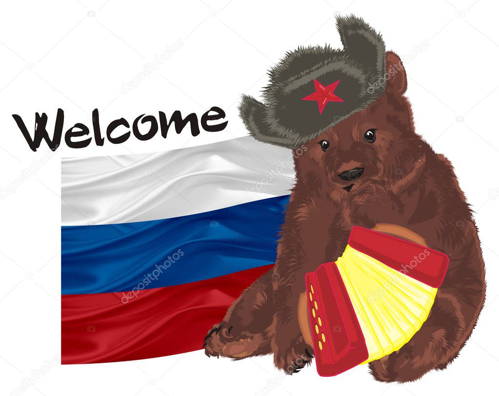 russian bear with flag and harmonic on his paws
