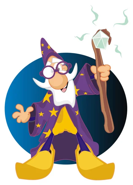 funny wizard with magic wand and night