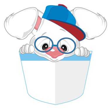 Şapkalı ve gözlüklü sevimli beyaz tavşan.