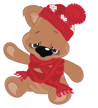 Kırmızı atkı ve şapkalı hasta oyuncak ayı.