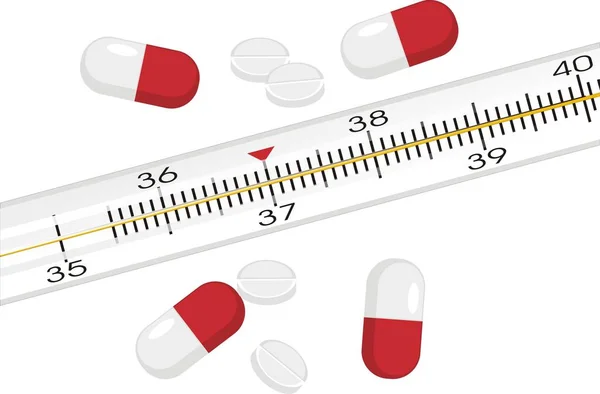 温度计和许多不同的药丸 — 图库照片