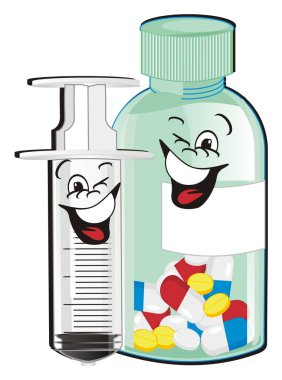 Mutlu şırıngalı bir şişe hap.