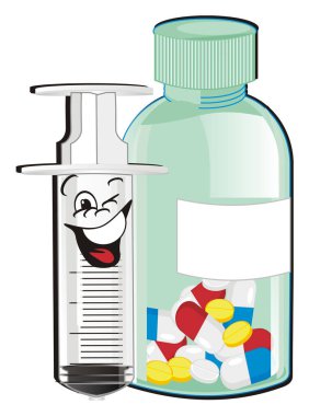 Bir şişe hap ve mutlu şırınga.