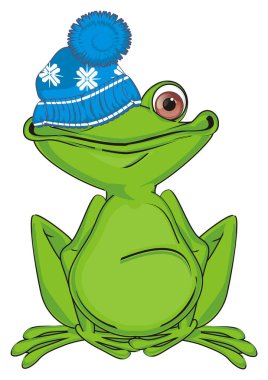 funny green frog with warm blue hat clipart