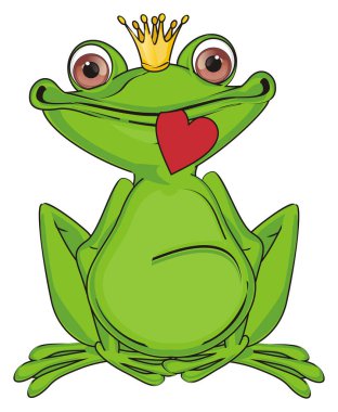 Prenses yeşil kurbağa kırmızı bir kalp taşıyor.