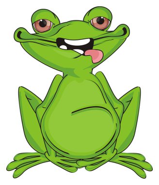 Yorgun yeşil kurbağa dilini ve dişlerini gösteriyor.