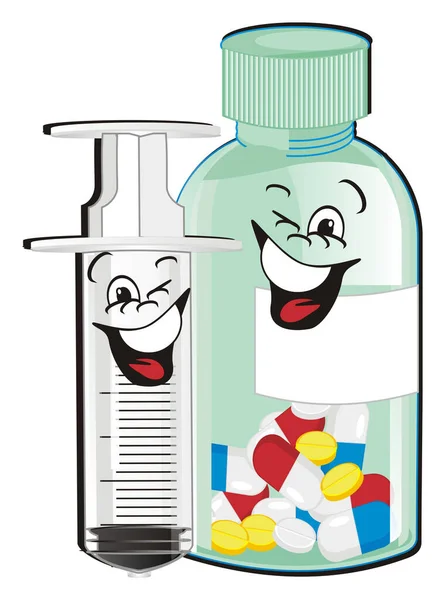 Happy Bottle Pills Happy Syringe — Stock Photo, Image