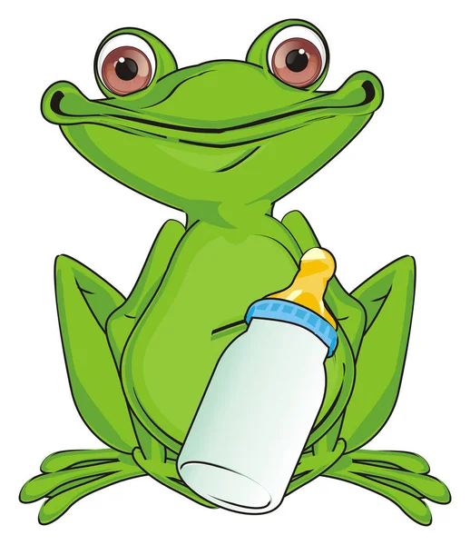 Groene Kikker Met Babyflesje Melk — Stockfoto