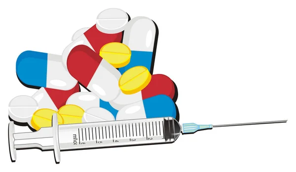 Empty Syringe Lot Colored Pills — Stock Photo, Image