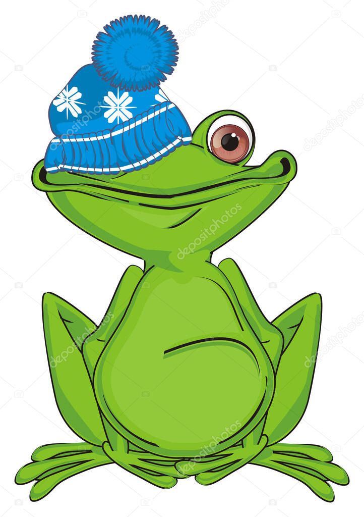 funny green frog with warm blue hat