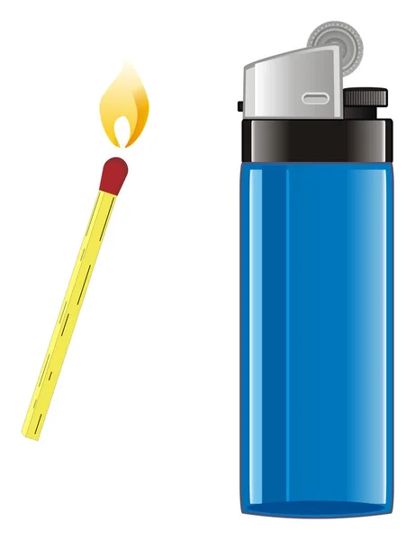 Blaues Feuerzeug Mit Streichholz Mit Flamme — Stockfoto