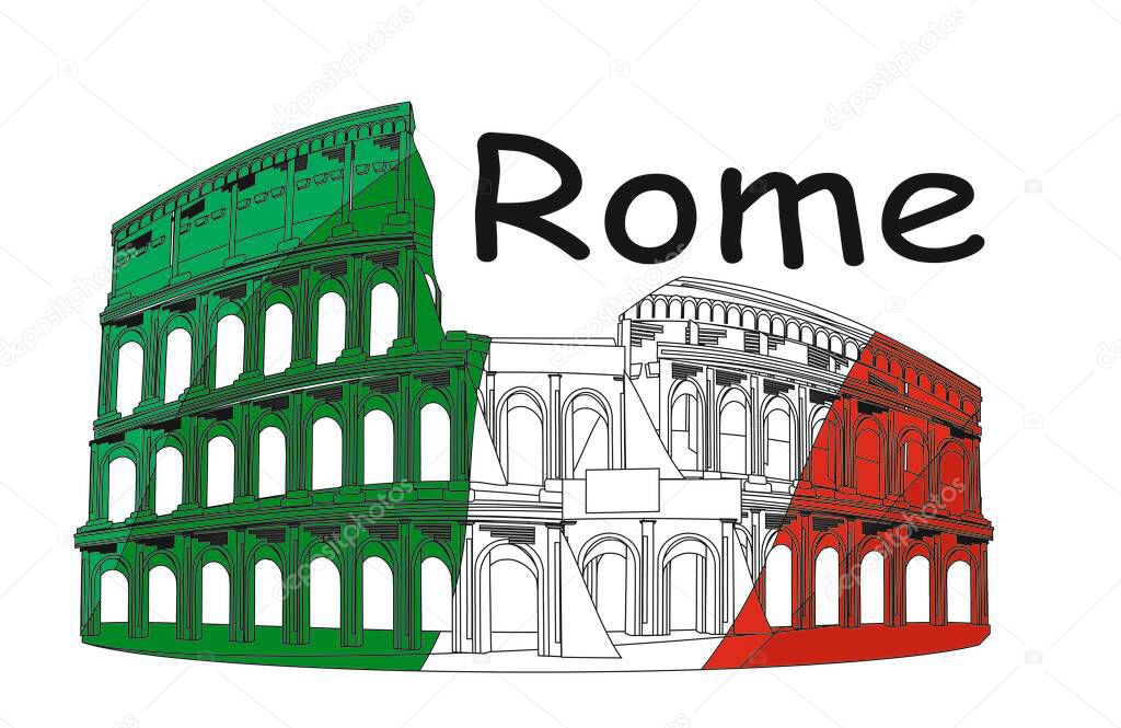 Coliseum with Italy flag and word Rome