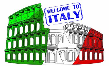 İtalya bayrağı ve mavi damgalı Kolezyum