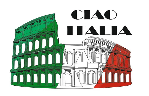 Kolosseum Mit Fahne Und Worten Ciao Italia — Stockfoto