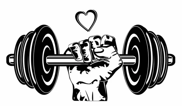 black and white hand with dumbbell and heart