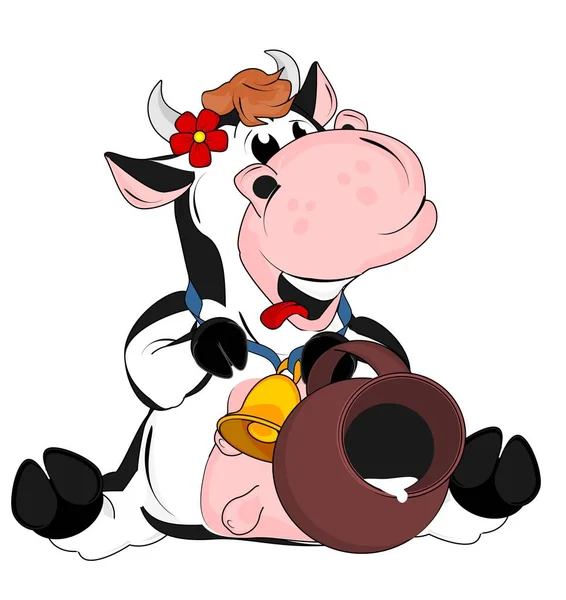 可爱的奶牛坐着 手里拿着一罐牛奶 — 图库照片
