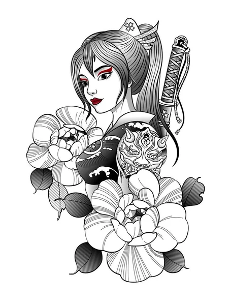 Samurai girl with katana behind her back — Stock Vector