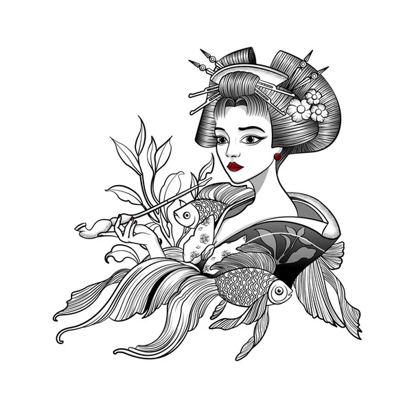Japanese geisha smokes a pipe and dreams — Stock Vector