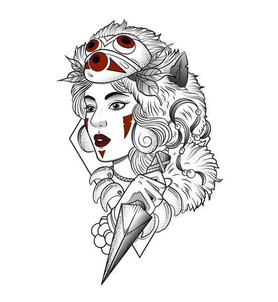 Дівчина мисливець в масці з ножем, ілюстрація — стоковий вектор