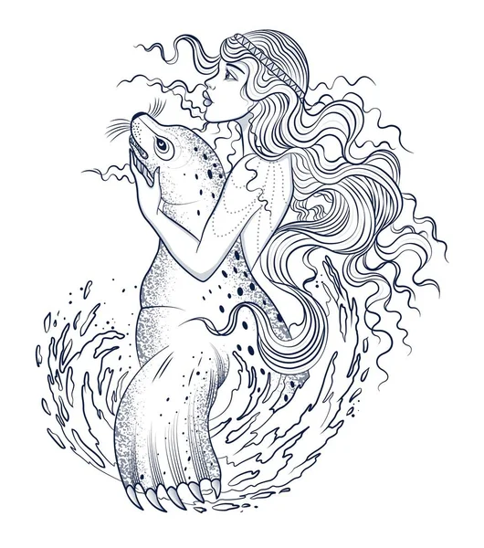 Fille nymphe joue avec un lion de mer — Image vectorielle