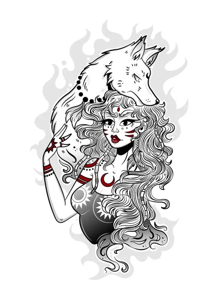 La muchacha hermosa - el chamán con el lobo — Vector de stock