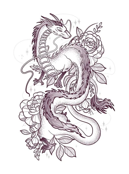 Beautiful dragon among big roses, traditional, vector — Stock Vector