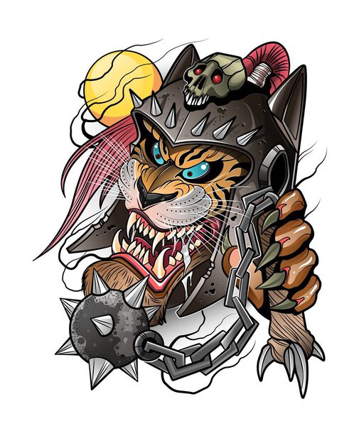 тигр в самурайском шлеме и оружии, ниндзя
