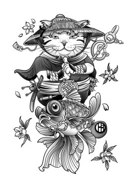 chinese cat monk meditates among flowers, illustration