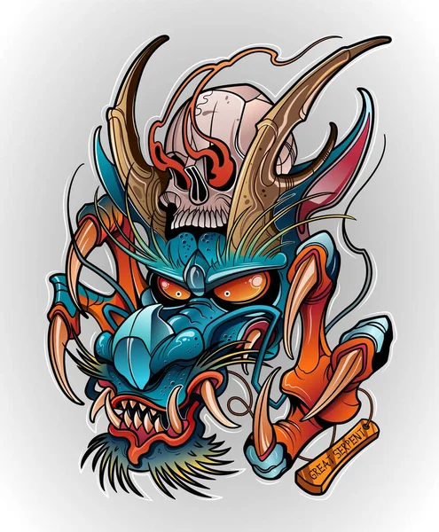 Japanese Dragon Demon Human Skull Tattoo — Stock Vector