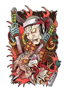 Japanese warrior with two swords kills a demon vector Japanese warrior with two swords kills a demon vector