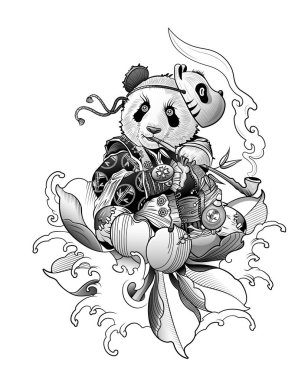 Panda pipo içiyor ve meditasyon yapıyor.