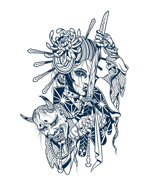 Samurai mujer con demonio cortado cabeza, máscara — Vector de stock