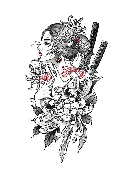 Japanese woman with snake tattoo on her back — Stock Vector