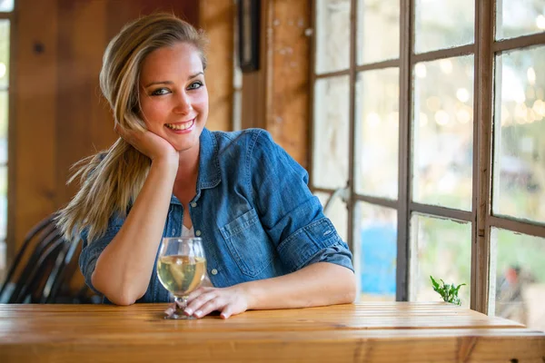 Cute Beautiful Woman Sitting Local Pub Bar Brewery Restaurant Next — Stock Photo, Image