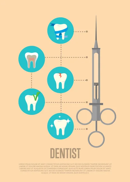 Baner dentystyczny ze strzykawką i symbolami zębów — Wektor stockowy