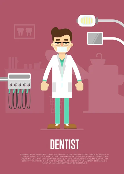 Banner de consultório odontológico com dentista e equipamentos —  Vetores de Stock