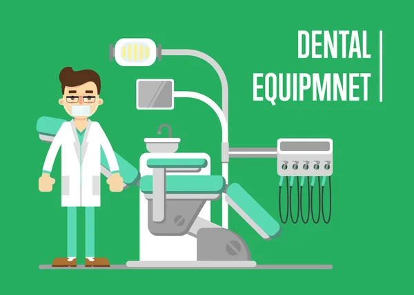 Banner de equipamentos odontológicos com dentista — Vetor de Stock