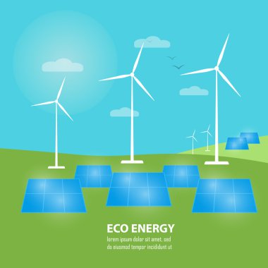 Eko enerji afişi. Güneş ve rüzgar enerjisi üretimi