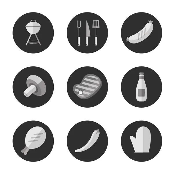 Barbecue grill black and white round icons set — Stock Vector