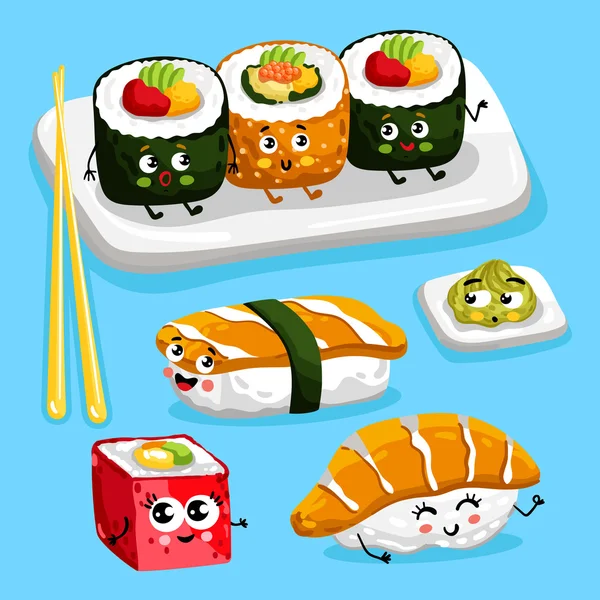 Personagens engraçados sushi cartoon vector isolado —  Vetores de Stock