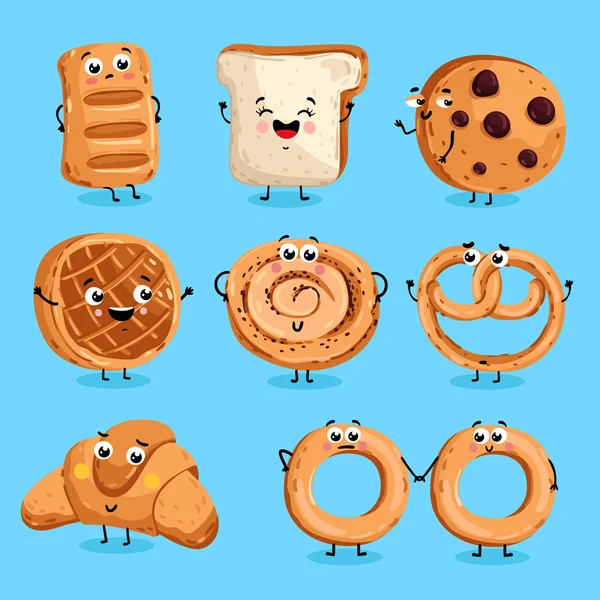 Divertidos personajes de panadería vector de dibujos animados aislados — Vector de stock