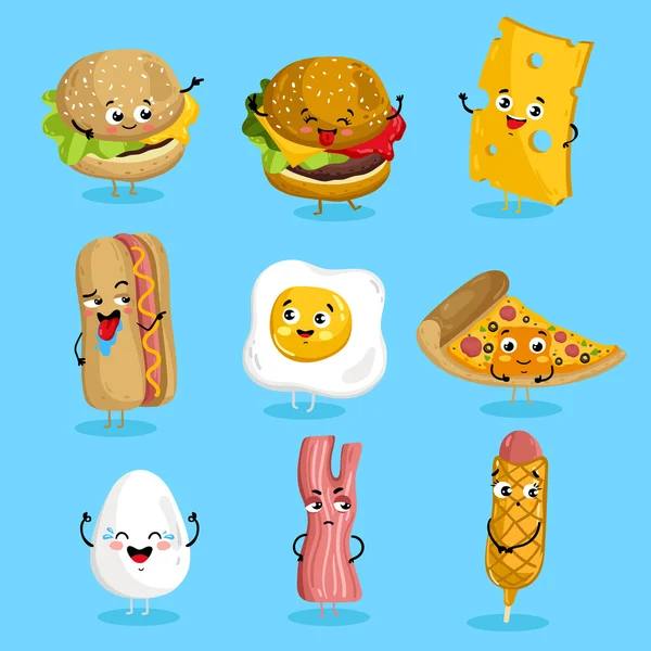 Divertente personaggi fast food cartone animato isolato — Vettoriale Stock