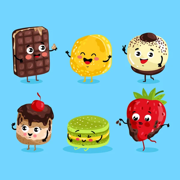 Engraçado doce alimentos personagens desenhos animados isolados —  Vetores de Stock