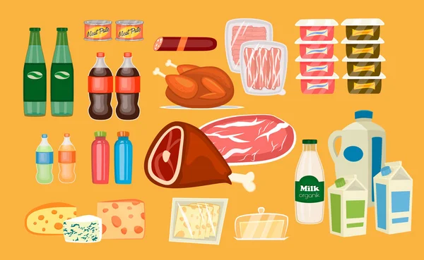 Σετ καθημερινών προϊόντων τροφίμων σε επίπεδη σχεδίαση — Διανυσματικό Αρχείο