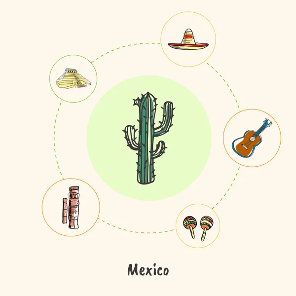 Slavné Mexiko symboly Doodle vektorové koncept — Stockový vektor