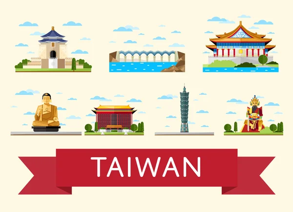 Tajvan utazási fogalom-val híres látnivalók — Stock Vector
